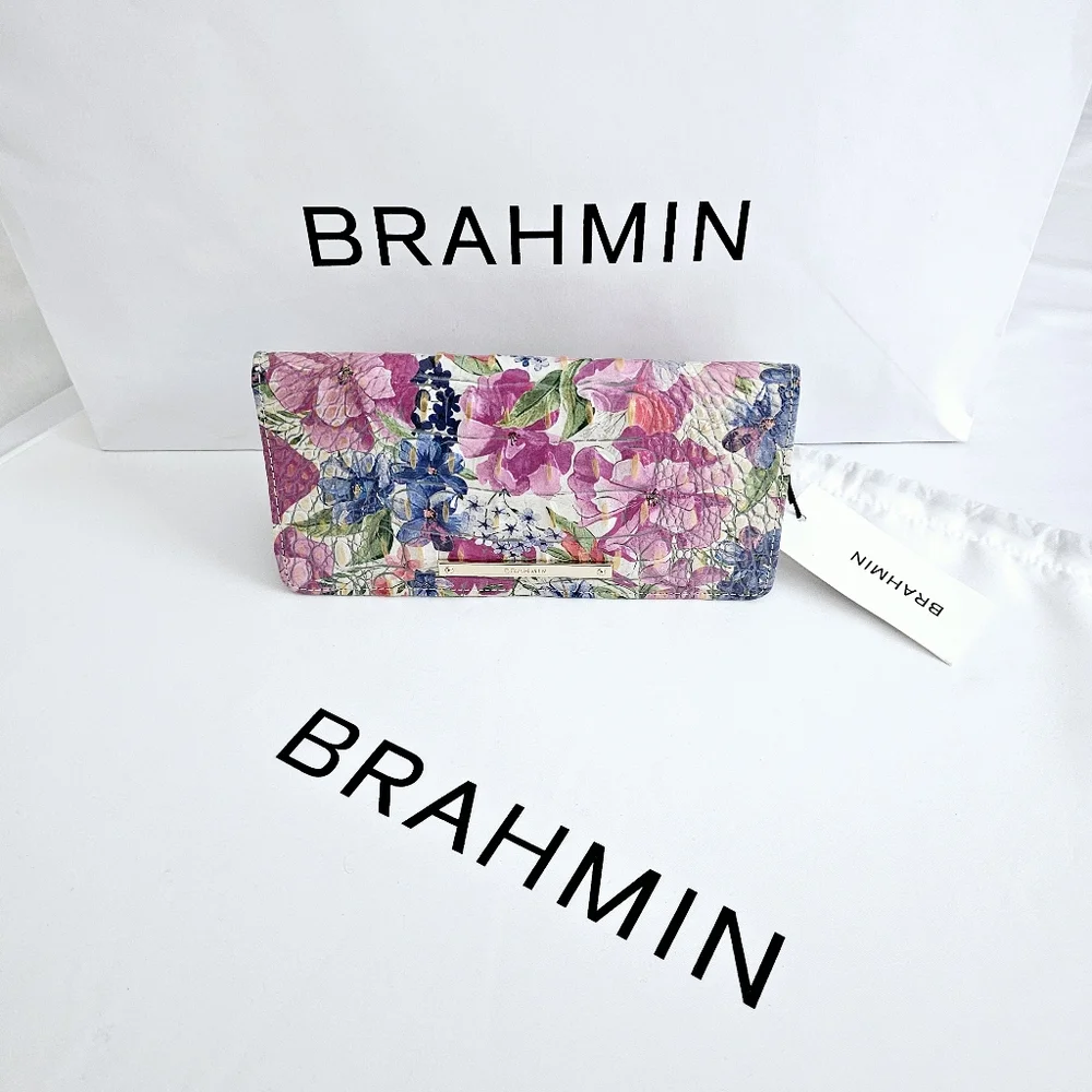 Brahmin Floral Leather Wallet in Pink, Blue, Green